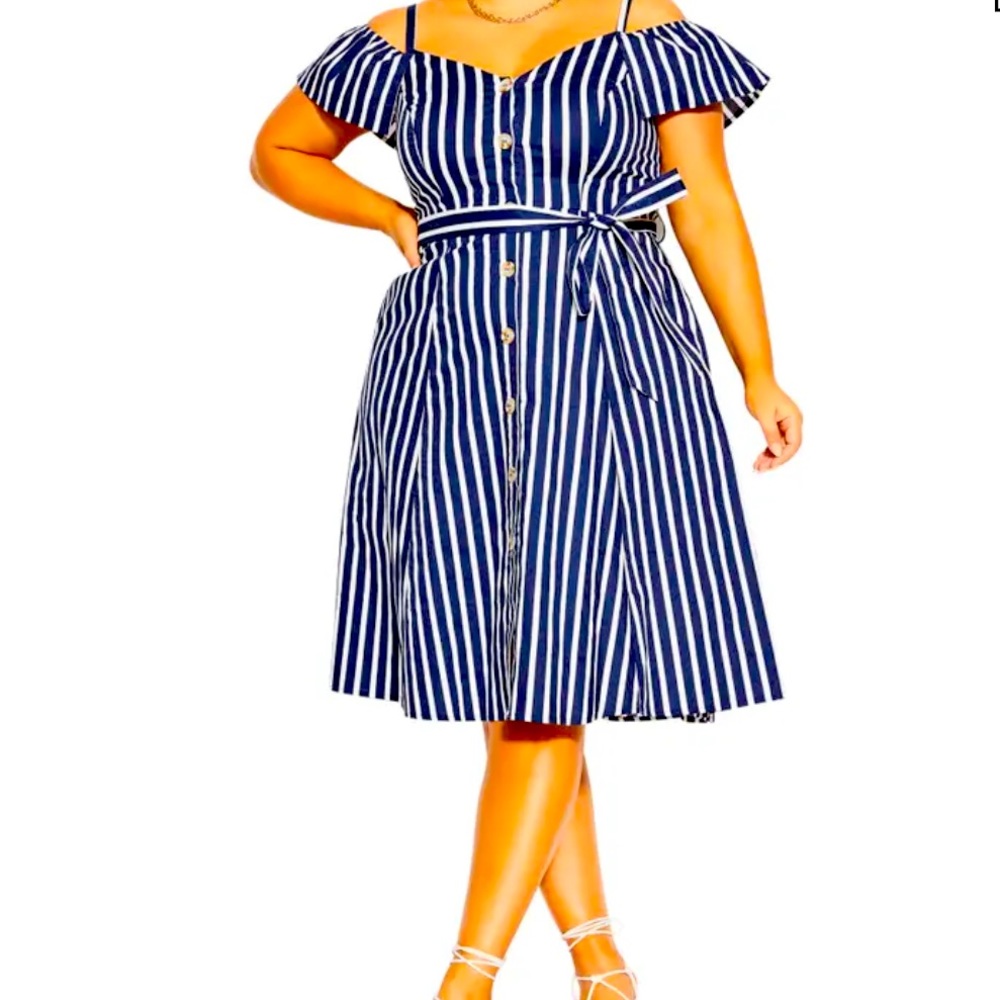 City Chic Striped cold-shoulder dress in ivory and navy size 16